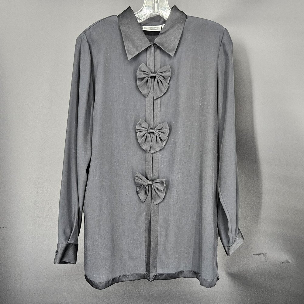 Vintage Christie and Jill Shirt Blouse Women Medium Black Bow Satin Trim 90s NEW - Picture 2 of 10